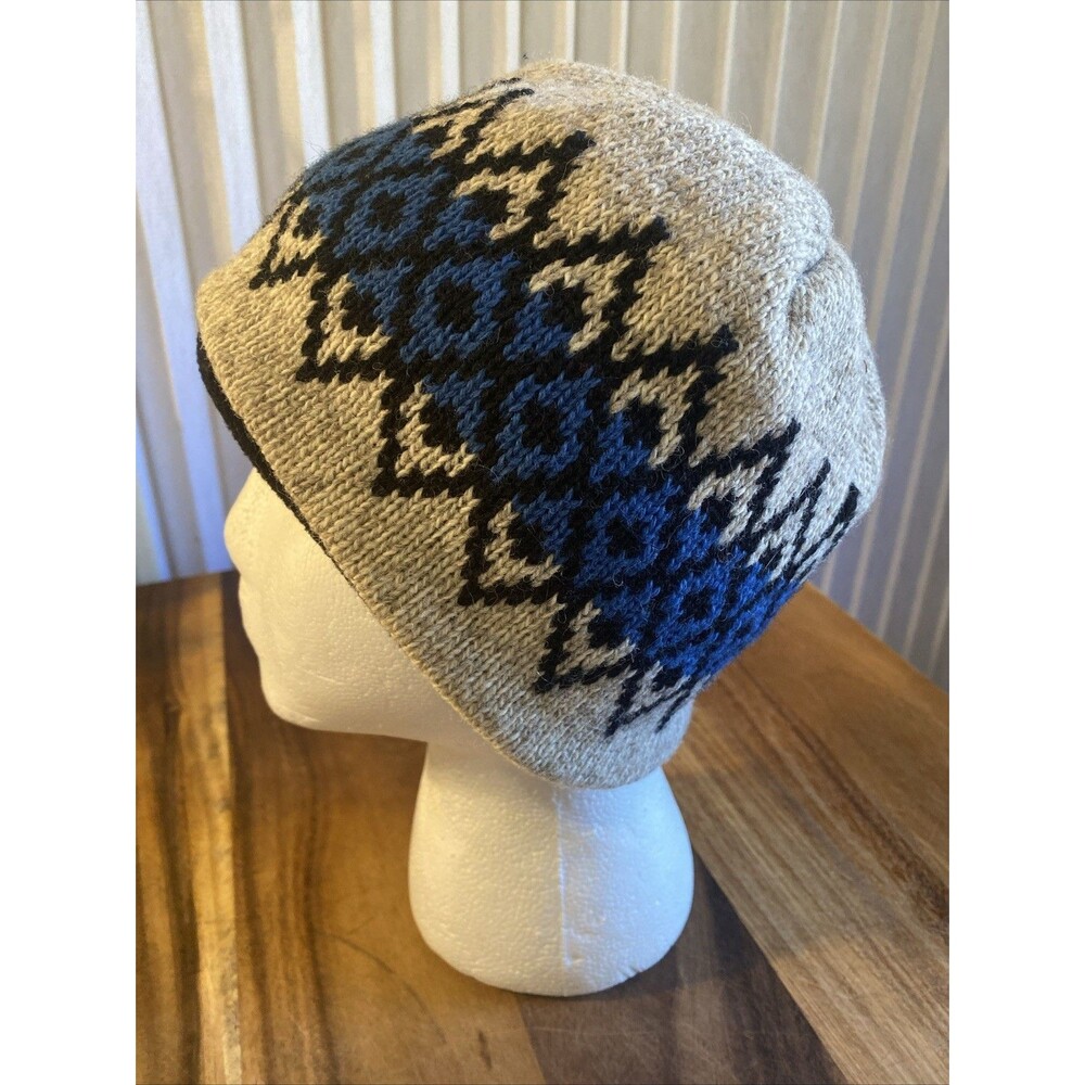 Beanie Hat Fair Isle Knit Wool Blend Gray Blue Black Geometric Fleece Lined USA